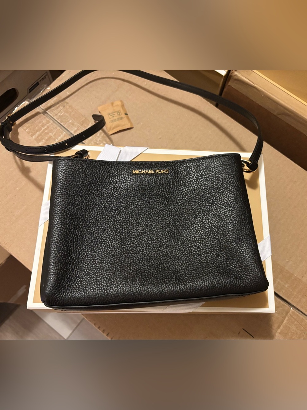 Michael Kors Trisha Black Pebbled Leather Messenger Crossbody